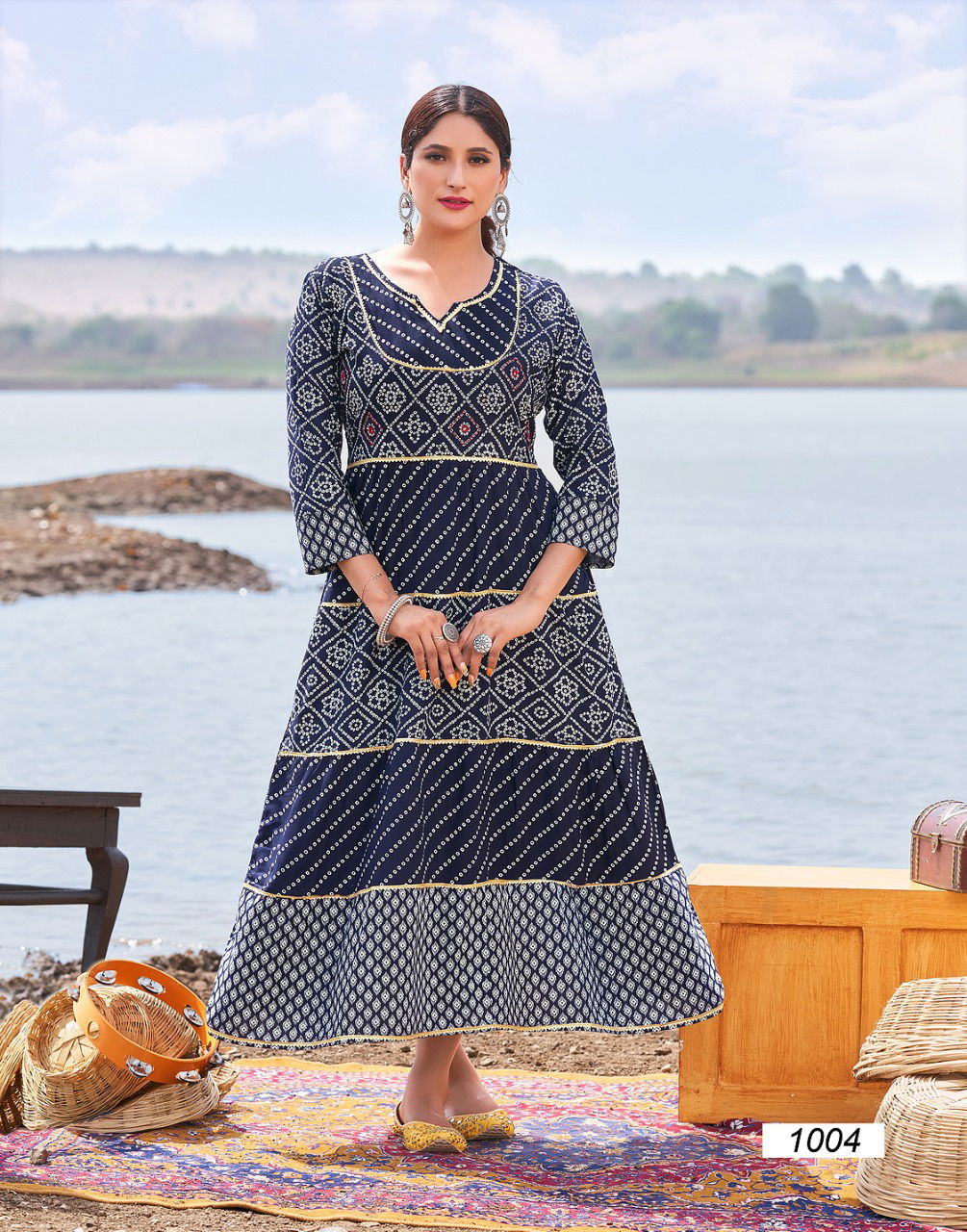 Banwery Fairy Stories 1 Rayon Printed Party Wear Long Anarakli Kurti Collection